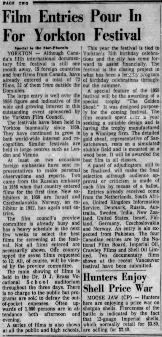 Film Entries Pour In For Yorkton Festival, 12 Sept 1958, Star-Phoenix. - 