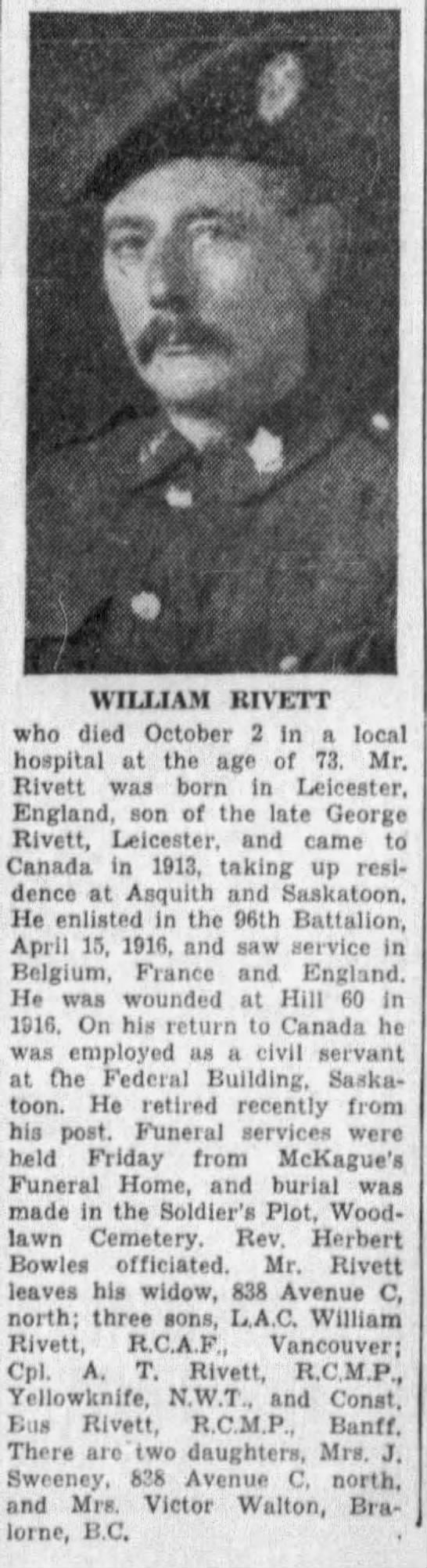 Obituary: WILLIAM RIVETT (Aged 73) - 