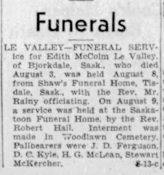 Funeral: Edith McColm LeValley (Le Valley) - 