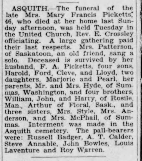 Obituary: Mary Francis Picketts née Hyde - 