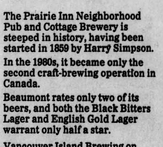 Prairie Inn Neighbourhood Pub & Cottage Brewery: media mentions until 1994 - 