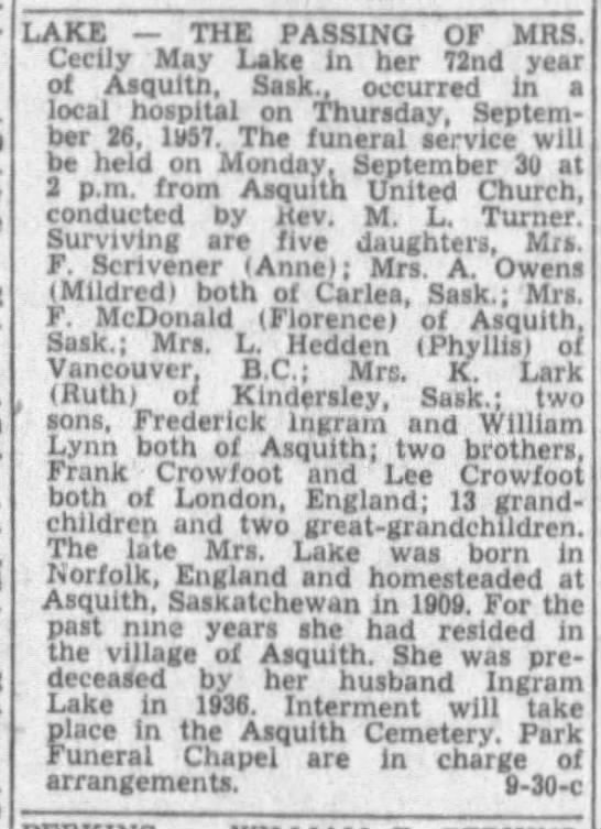 Obituary: Cecily May Lake née Crowfoot - 