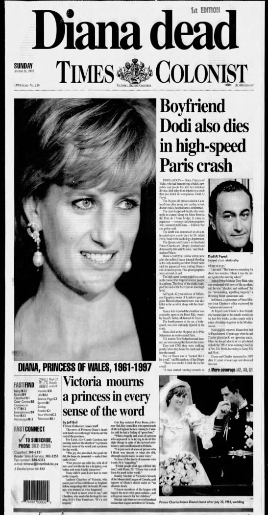 Times Colonist newspaper headlines from day of Princess Diana's death, August 31, 1997 - 