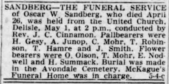 Funeral: Oscar W. Sandberg - 