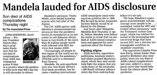 Mandela lauded for being open about son's struggle with AIDS - 