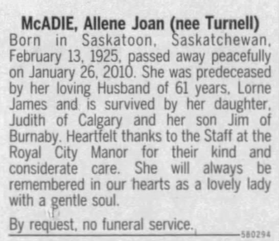 Obituary: Allene Joan McADIE, 1925-2010 - 