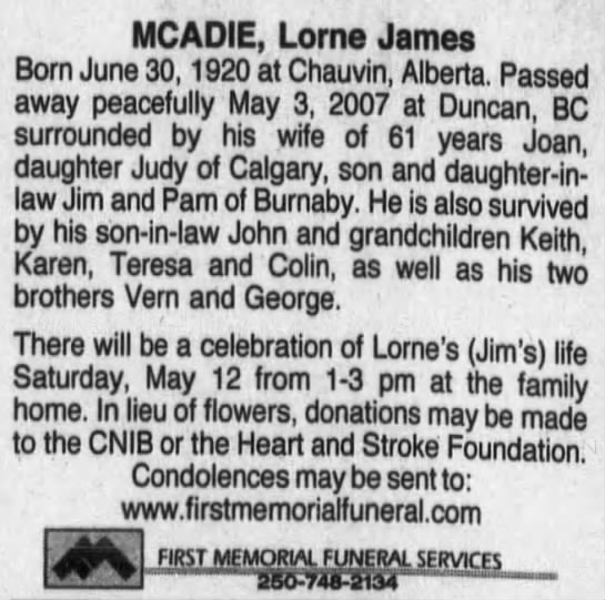 Obituary: Lorne James "Jim" MCADIE (1920-2007) - 