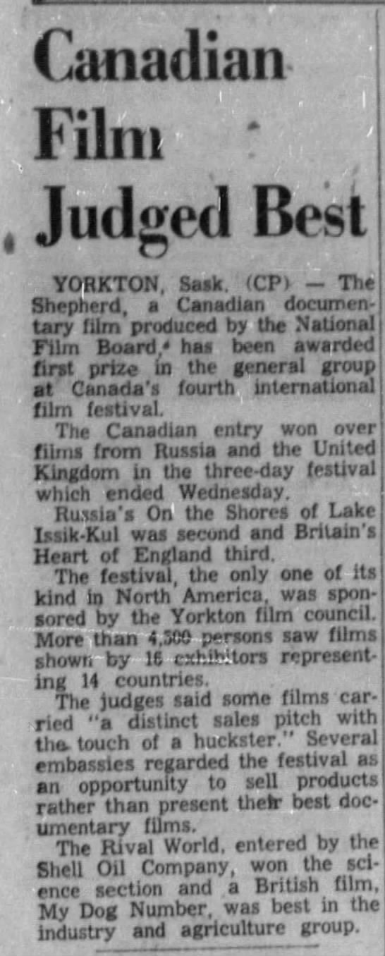 Canadian Film Judged Best, Star-Phoenix, 27 October 1956 - 