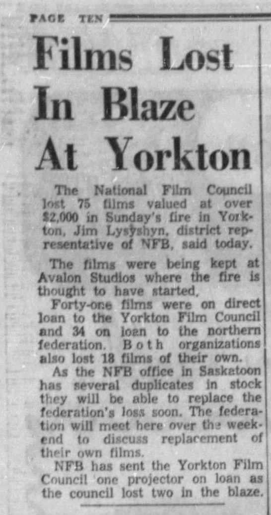 Films Lost In Blaze At Yorkton. 6 Feb 1957. Star-Phoenix. P. 10 - 