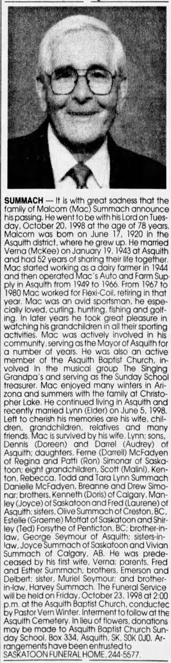Obituary: Malcolm (Mac) Summach - 