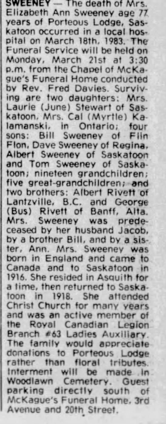 Obituary for Elizabeth Ann SWEENEY (Aged 77) - 