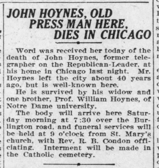 John Hoynes, Old Press Man Here, Dies In Chicago - 