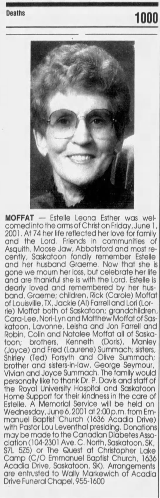 Obituary: Estelle Leona Esther Moffat née  Summach - 
