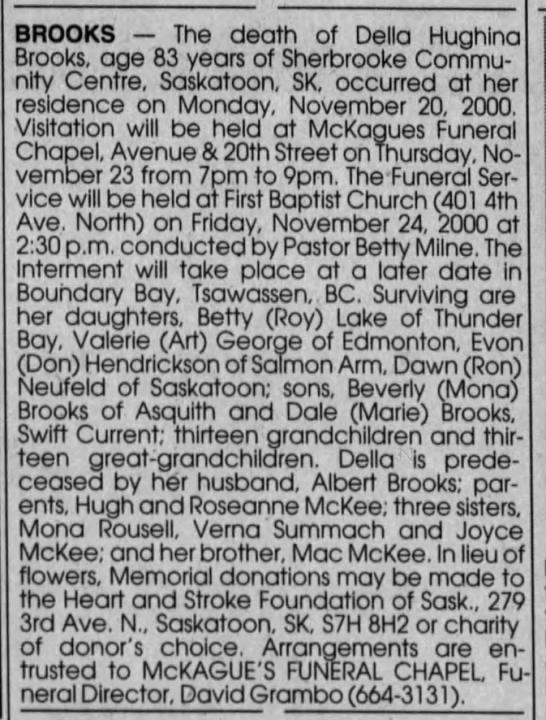 Obituary: Della Hughina Brooks née McKee - 