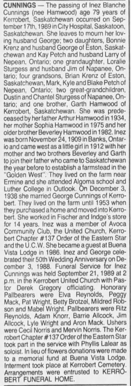 Obituary: Inez Blanche Cunnings née Hamwood - 