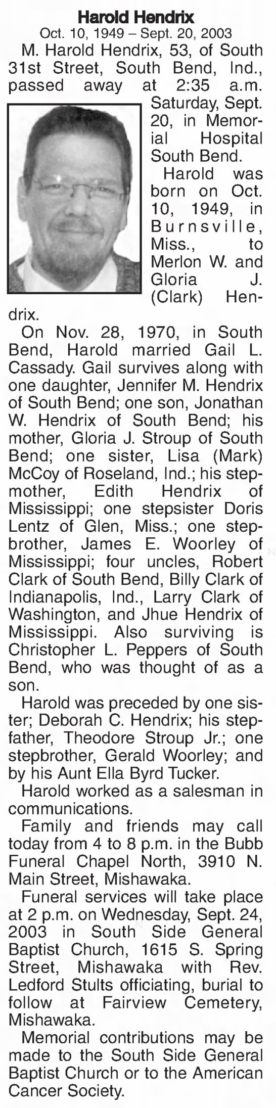 Marlon Harold HENDRIX Obituary, The South Bend Tribune, 23 Sep ...