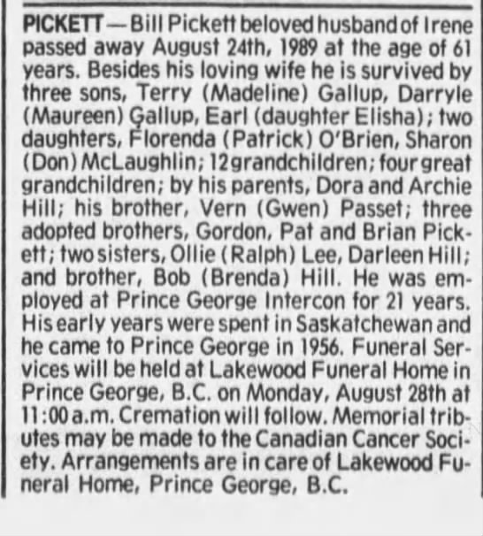 Obituary: Bill PICKETT (Aged 61) - 