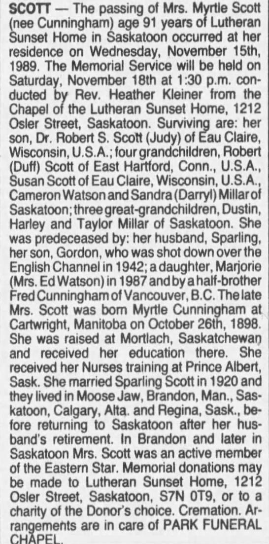 Obituary: Myrtle SCOTT nee Cunningham, 1898-1989 (Aged 91) - 