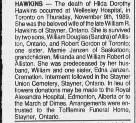 Obituary: Hilda Dorothy HAWKINS nee Janzen - 