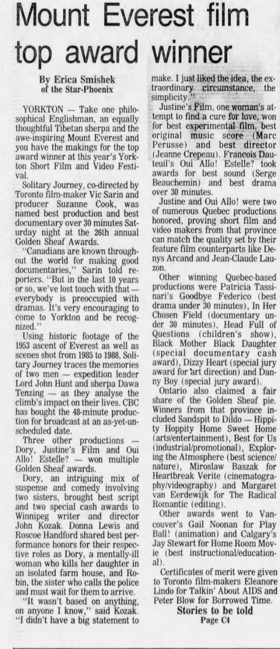 Smishek, Erica Mount Everest film top award winner 04 June 1990 Star-Phoenix P. 17 - 