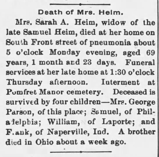 Sunbury Death Notice for Sarah A. Heim - 1897 - 