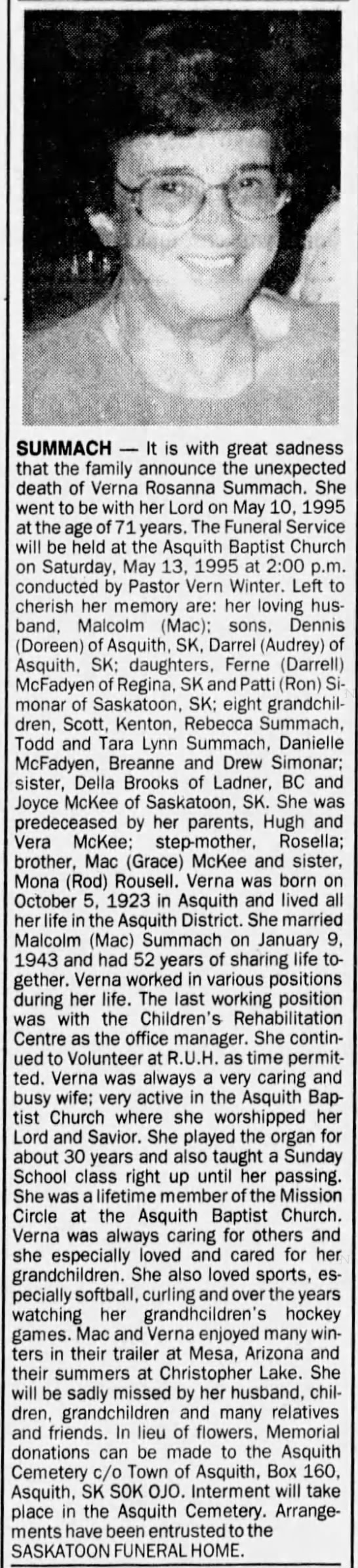 Obituary: Verna Roseanna Summach née McKee - 