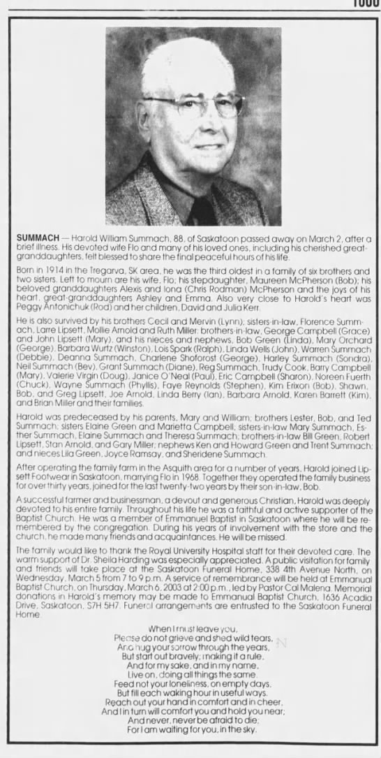 Obituary: Harold William Summach - 