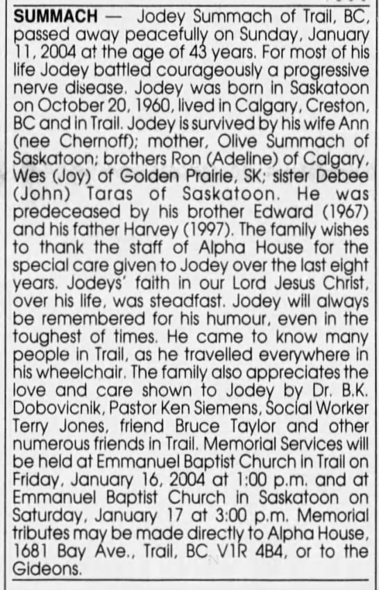 Obituary: Jodey Summach - 