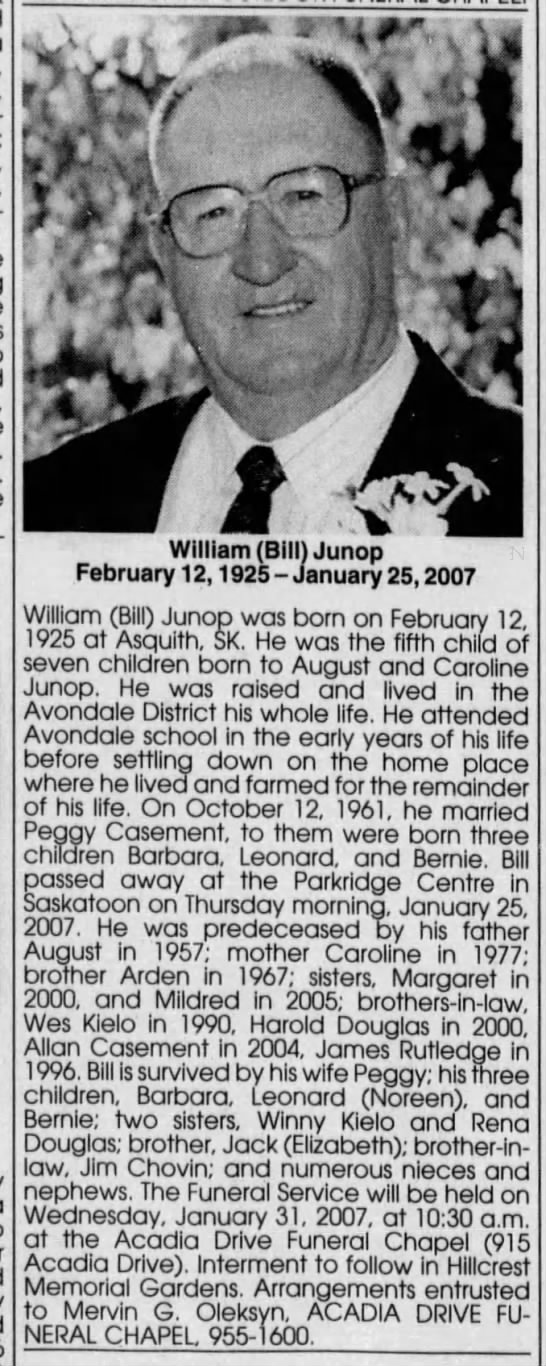 Obituary: William (Bill) Junop) - 