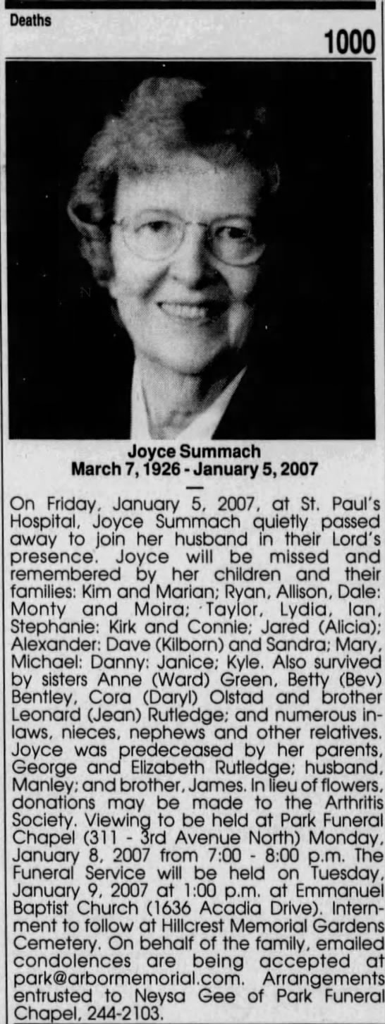 Obituary: Joyce Summach nee Rutledge (1926 - 2007) - 