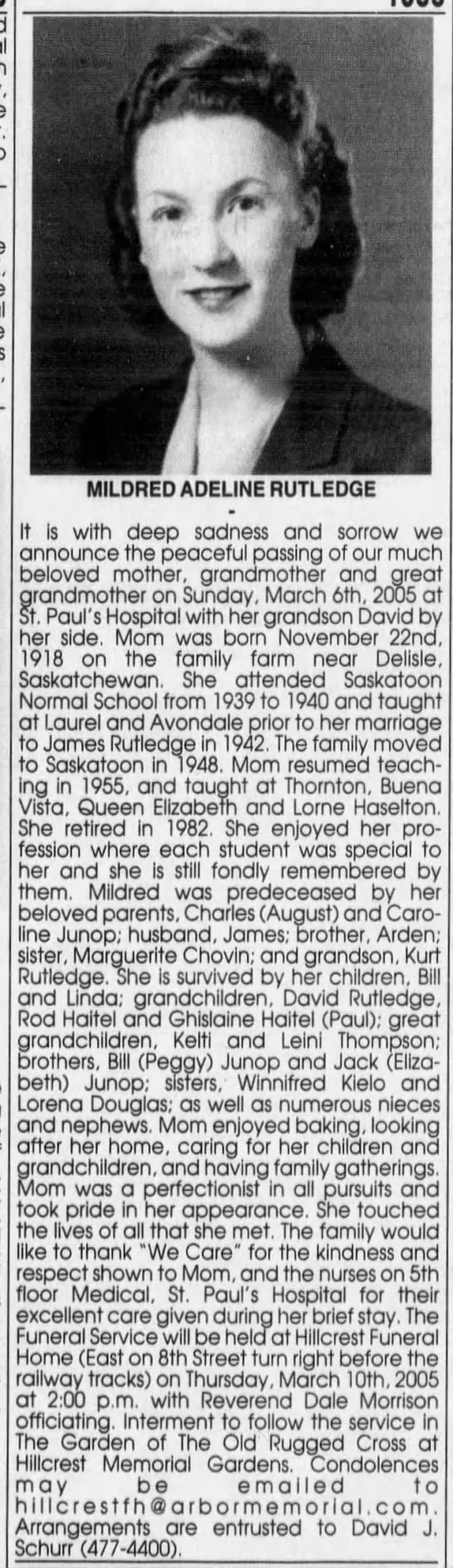Obituary: Mildred Adeline Rutledge née Junop - 