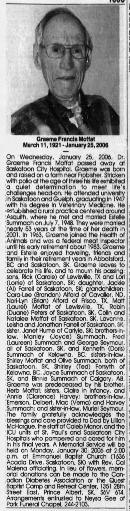 Obituary: Dr. Graeme Francis Moffat - 