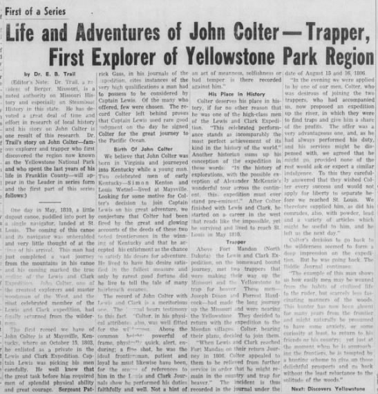 "Life and Adventures of John Colter—Trapper, First Explorer of Yellowstone Park Region" - 