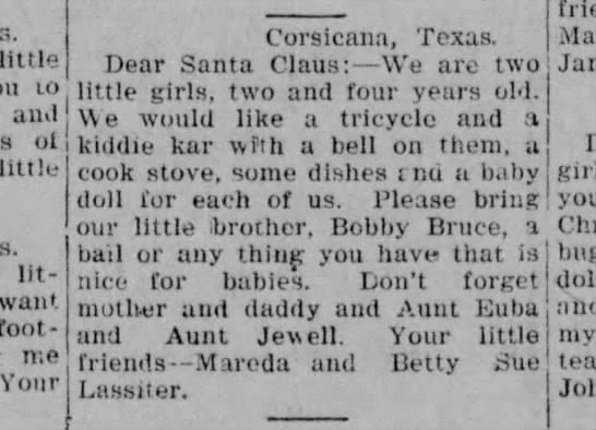 Letter to Santa, 17 Dec 1925, Corsicana Daily Sun, from Marita ...
