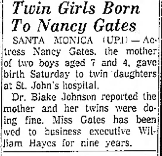 Nancy Gates, twin girls born - 