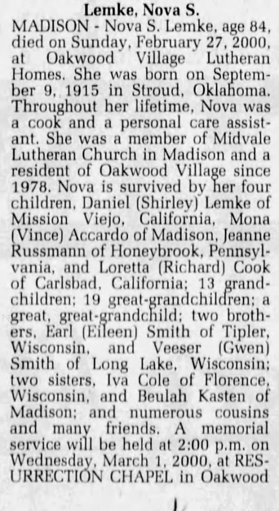 Obituary for Nova S. Lemke, 1915-2000 (Aged 84) - 