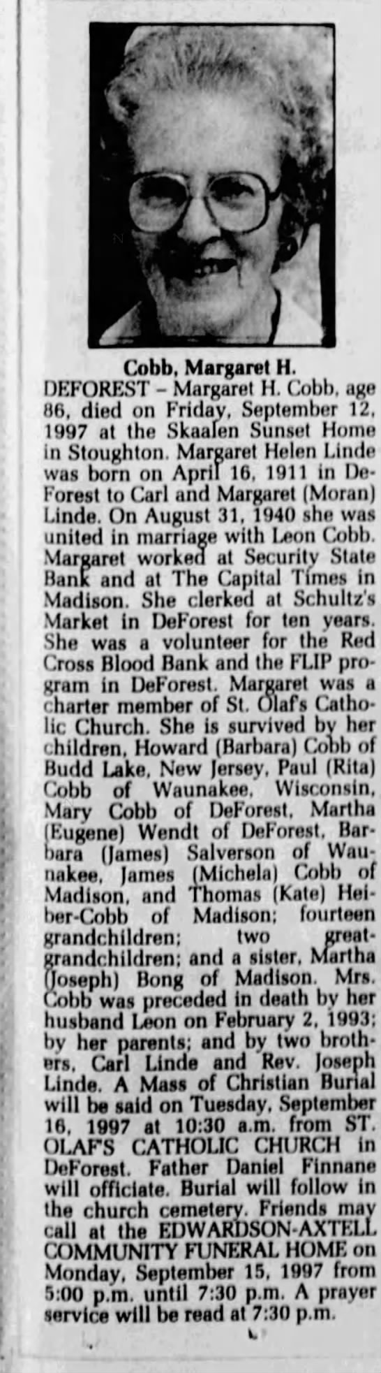 Obituary for Margaret Helen Cobb, 1911-1997 (Aged 86)
