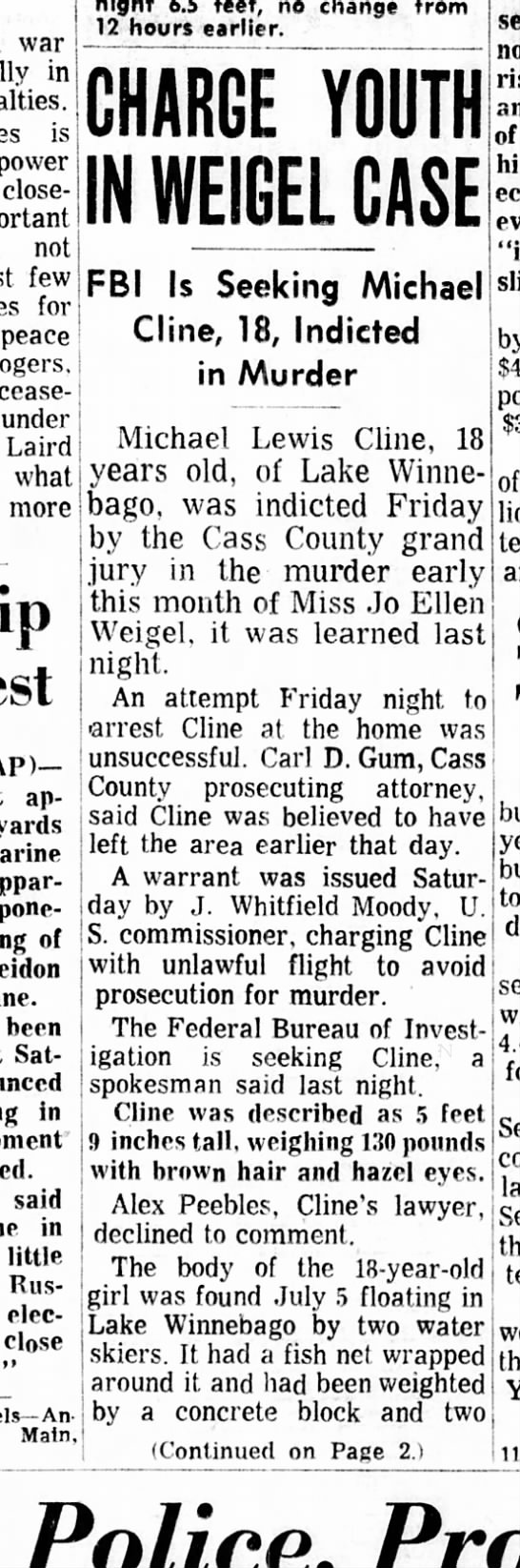 Michael Lewis Cline indicted in murder article (pg 1) - 