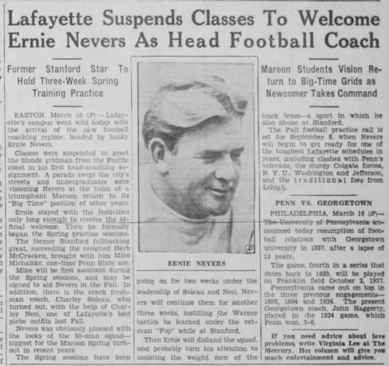 Lafayette Suspends Classes To Welcome Ernie Nevers As Head Football Coach - 