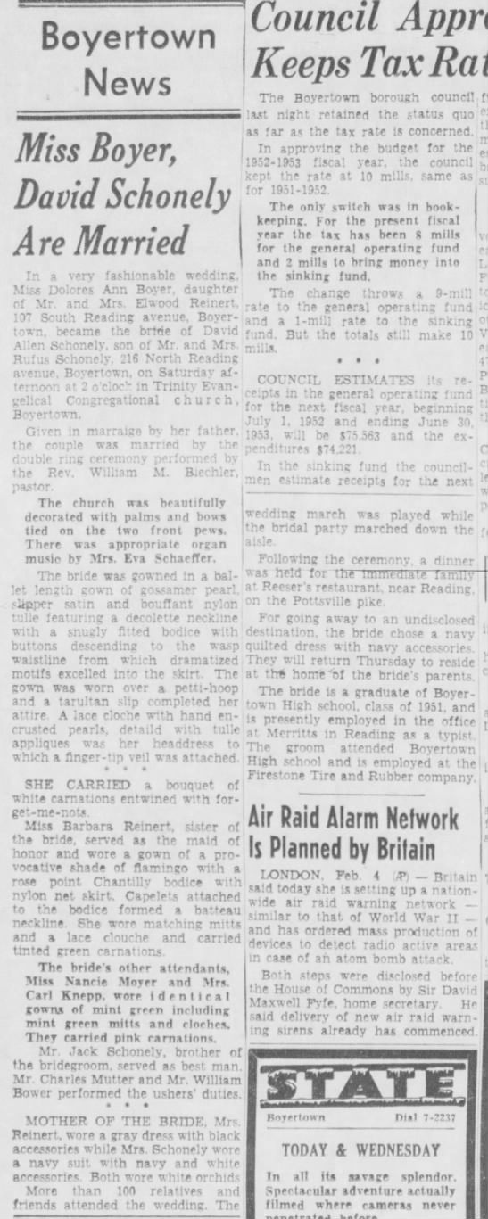 1952 Schoenly Boyer Wedding Newspapers Com
