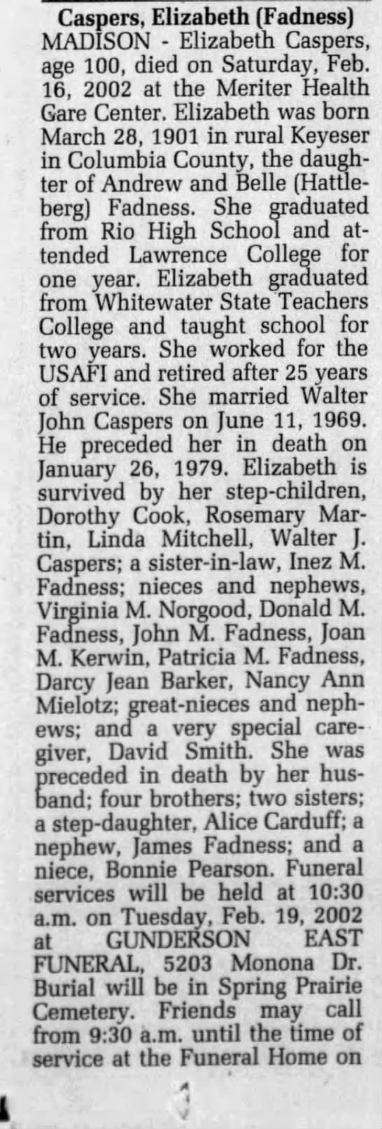 Obituary for Elizabeth Caspers, 1901-2002 (Aged 100) - 
