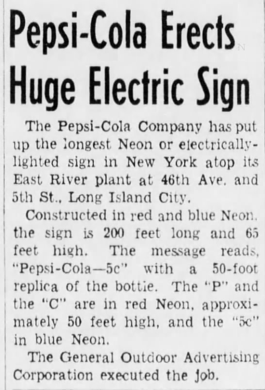 Pepsi-Cola Erects Huge Electric Sign - 