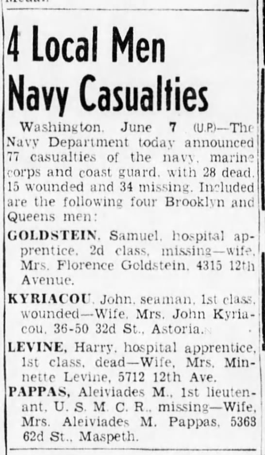 Brooklyn WWII Navy casualties - 