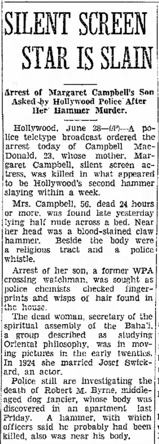 echo of murder of Baha'i actress Margaret Campbell by her son - 