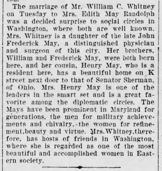 Edith (May) Randolph marries William C. Whitney surprise to Social Circle - 