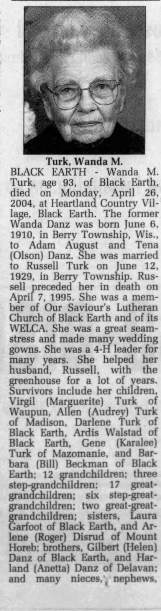 Obituary for Wanda M. Turk, 1910-2004 (Aged 93) - 