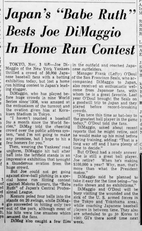 DiMaggio loses HR contest to Makoto Kozoru 1950 - 