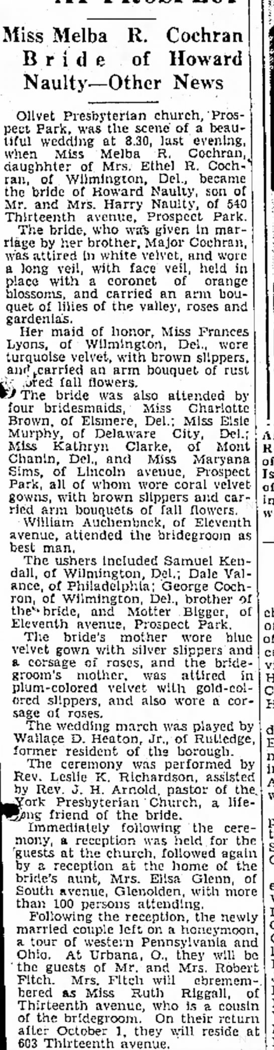 Melba Cochran Howard Naulty wedding 9/21/1935
