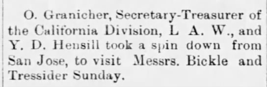O. Granicher, Secretary-Treasurer of the California Division, L. A. W., and Y. D. Hensill ... - 