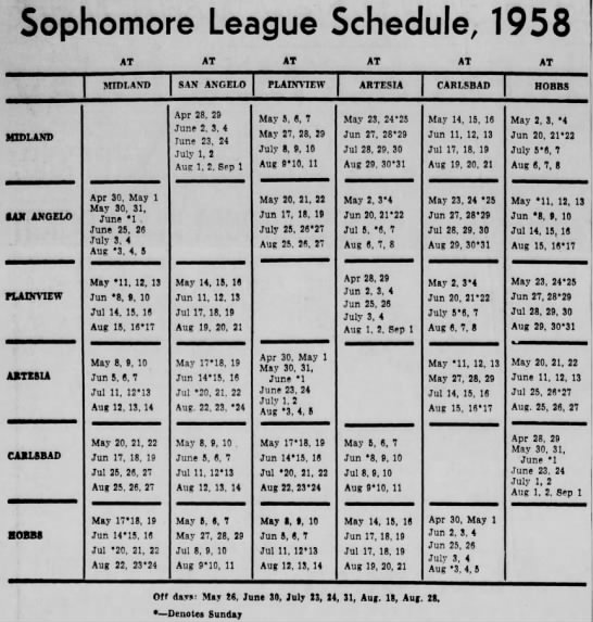 1958 Sophomore League schedule - 